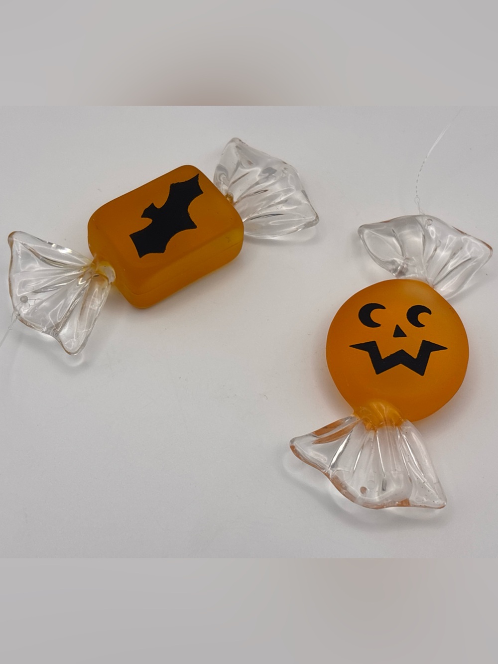 Set of 2 Halloween Ornaments, Plastic Candy with Bat and Jack-o-Lantern